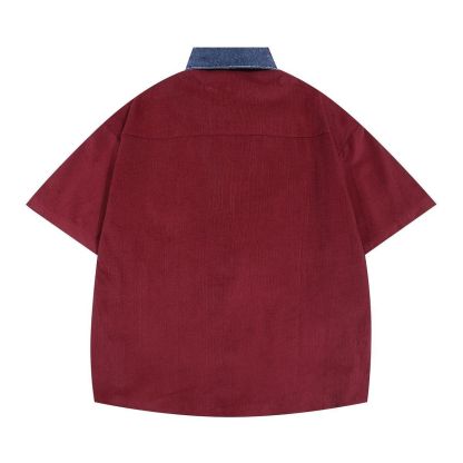 @美式復古寬鬆刺繡拼接牛仔領短袖襯衫