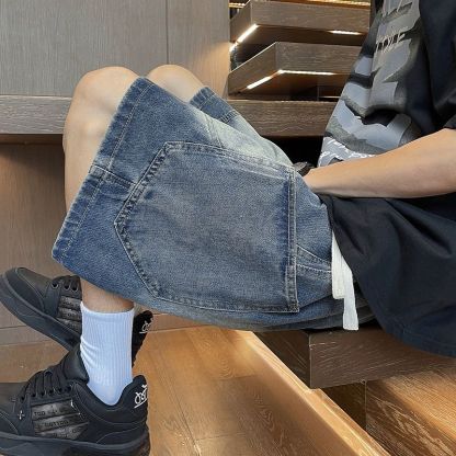 寬鬆百搭美式休閒直筒薄款五分牛仔短褲