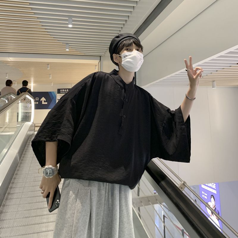 新中式寬鬆顯瘦百搭冰絲五分袖蝙蝠襯衫