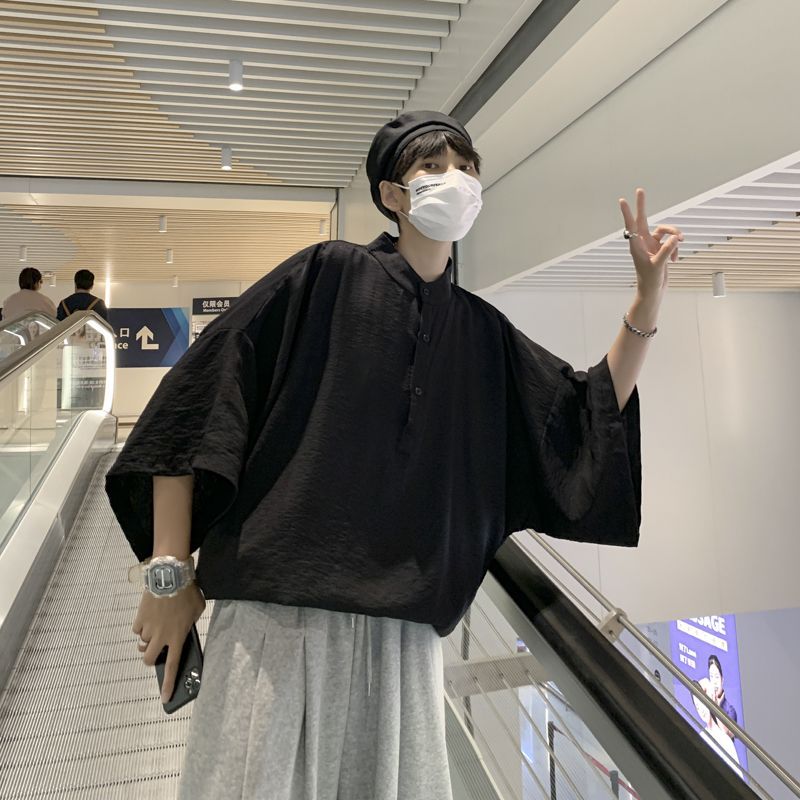 新中式寬鬆顯瘦百搭冰絲五分袖蝙蝠襯衫