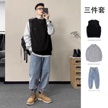 【單件/整套】日系復古針織馬甲+條紋襯衫+寬鬆牛仔褲三件套裝