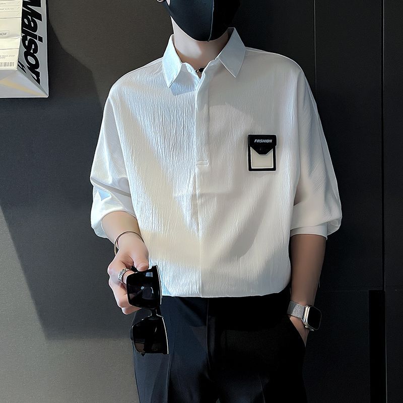 潮流時尚休閒寬鬆痞帥冰絲五分短袖襯衫