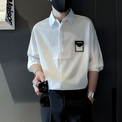 潮流時尚休閒寬鬆痞帥冰絲五分短袖襯衫