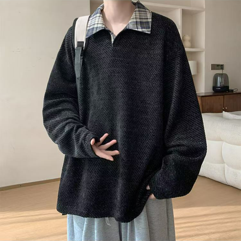 假兩件針織polo打底衫寬鬆大碼長袖t恤