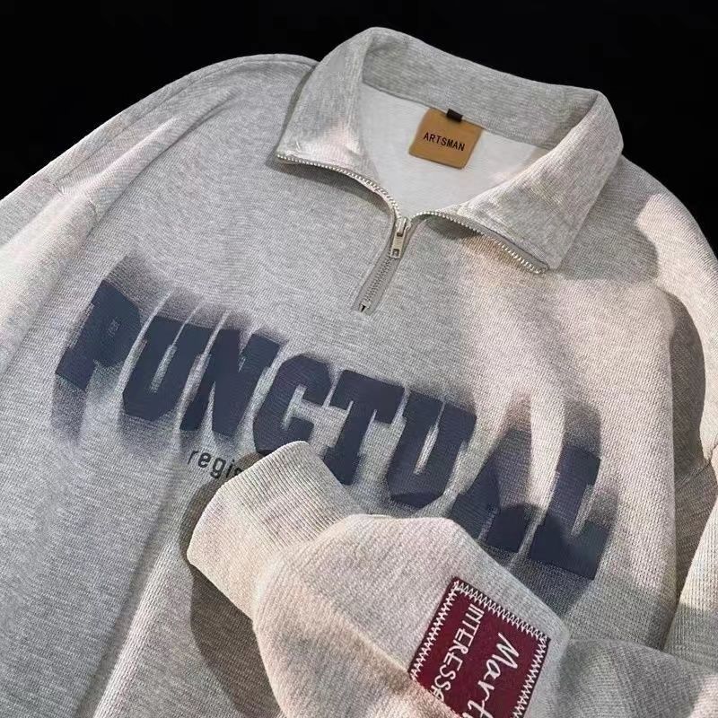 半拉鍊polo美式復古長袖翻領衛衣