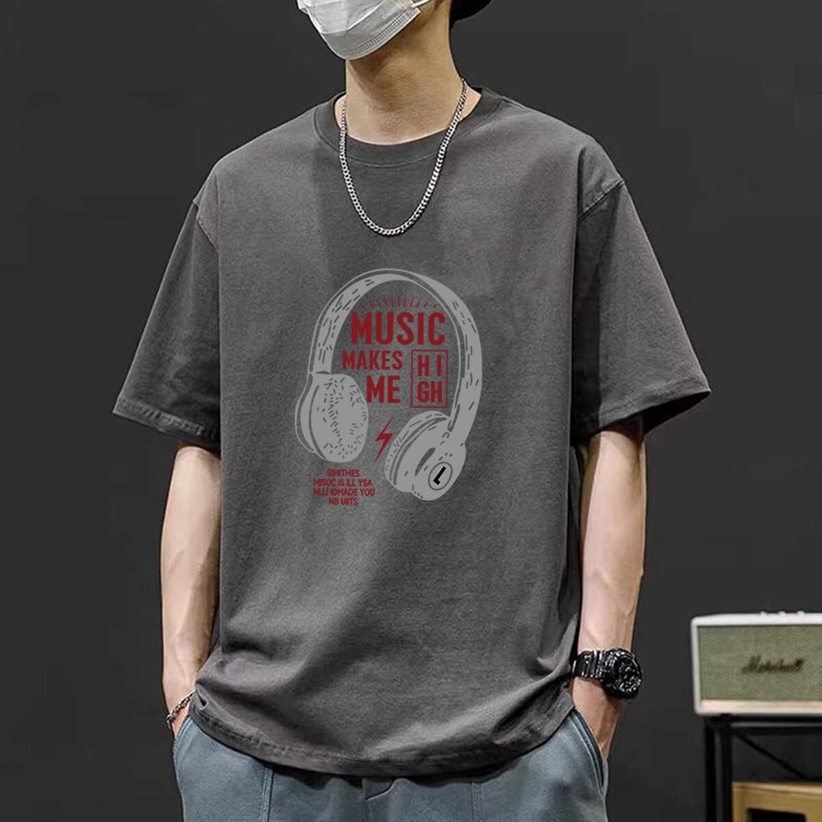 復古百搭大碼寬鬆耳機印花純棉短袖t恤