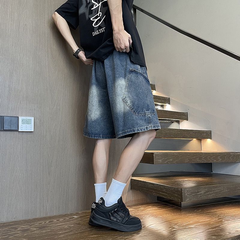 寬鬆百搭美式休閒直筒薄款五分牛仔短褲