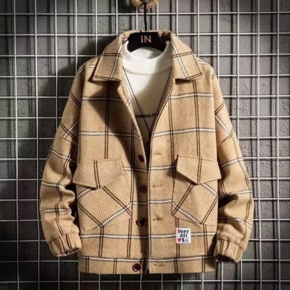 寬鬆時尚格子拼色毛呢大衣短款潮流帥氣外套