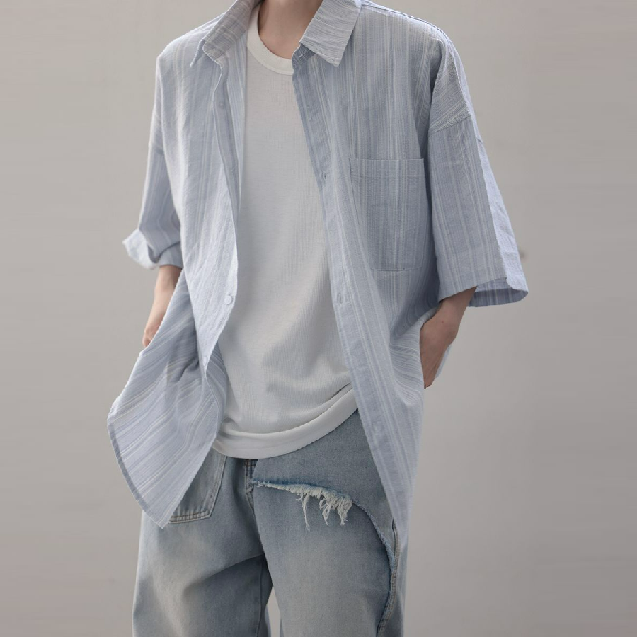 慵懶風輕薄飄逸氧氣感短袖襯衫男女日系廓形寬鬆肌理感夏季襯衣潮
