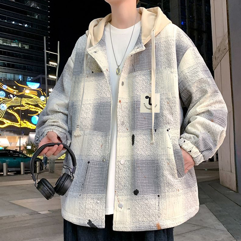 格子連帽潮流帥氣棒球服長袖夾克