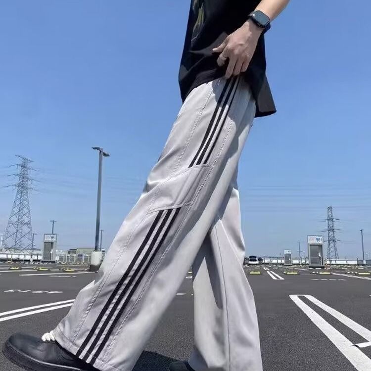 美式三條紋運動薄款潮牌寬鬆休閒直筒闊腿褲