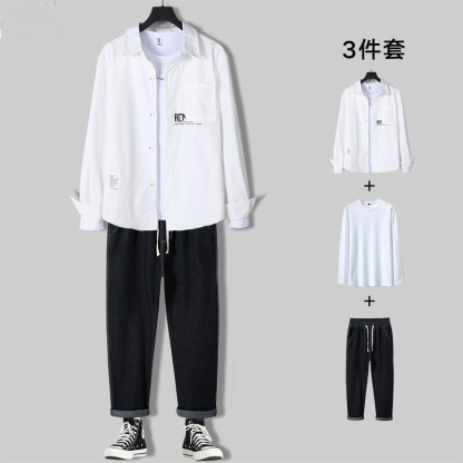 【套裝】休閒韓版潮流襯衫+百搭T恤+牛仔褲裝三件套套裝