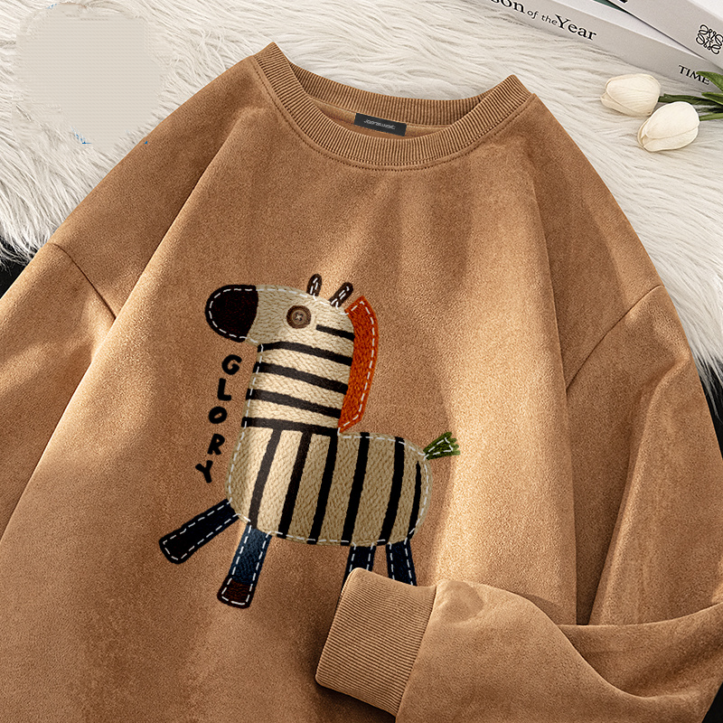 麂皮圓領寬鬆小馬百搭套頭長袖T恤