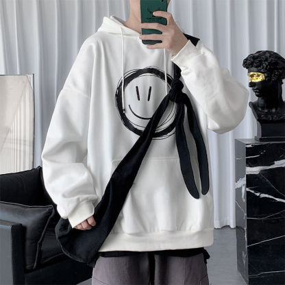 【單件/套裝】笑臉連帽潮牌衛衣+九分直筒抽繩褲裝兩件套套裝