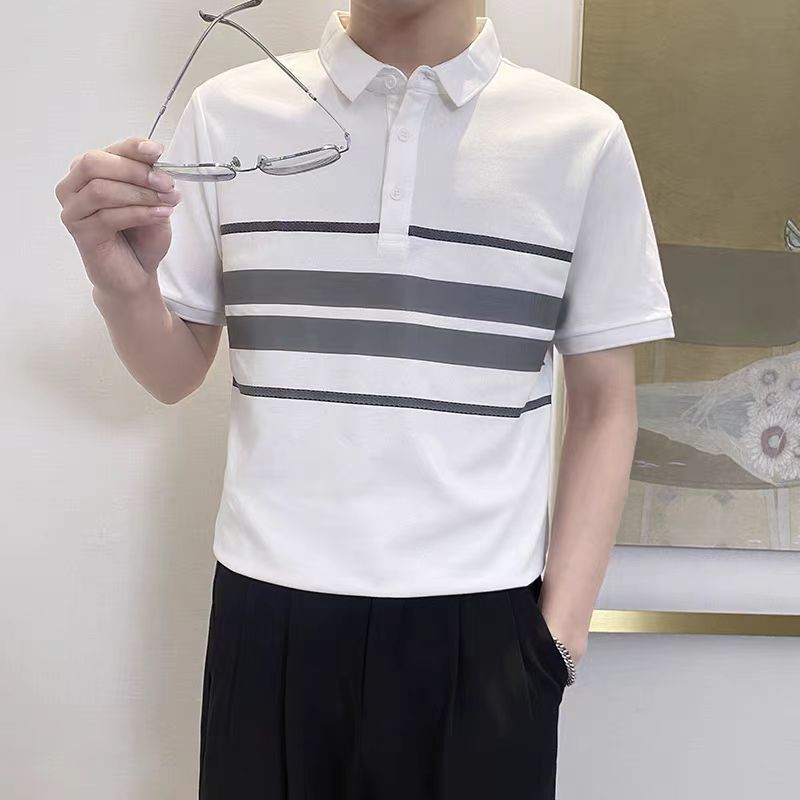 Polo領潮流修身條紋拼接時尚短袖T恤