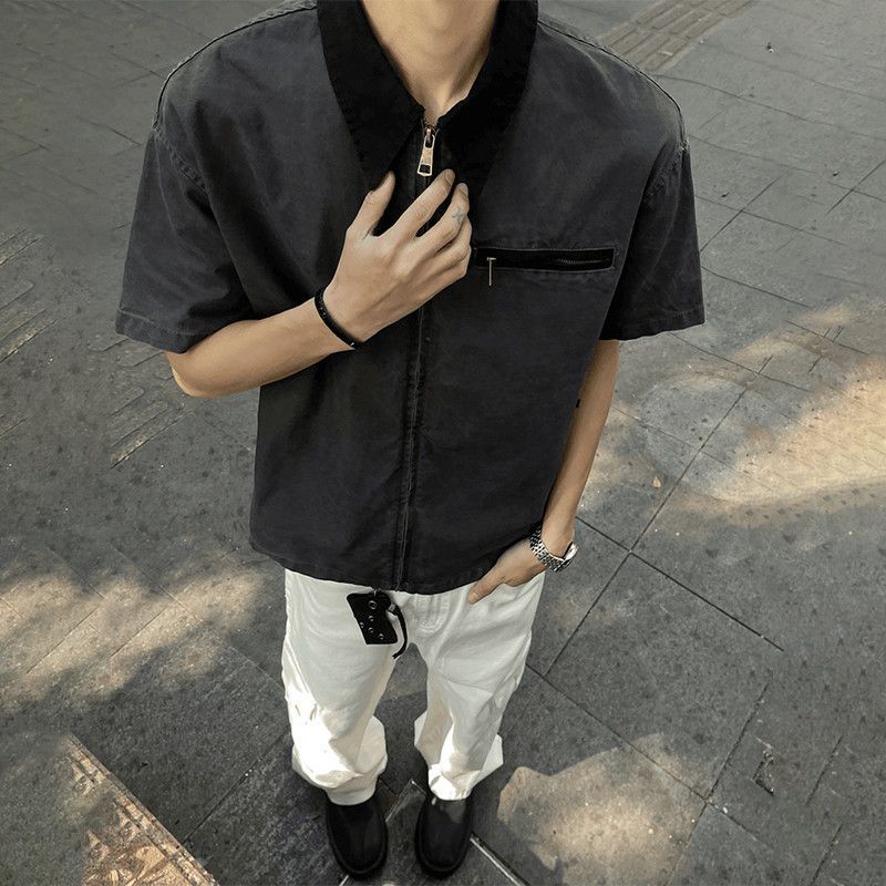 設計感百搭翻領寬鬆工裝拉鍊休閒短袖襯衫