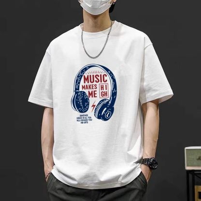 復古百搭大碼寬鬆耳機印花純棉短袖t恤