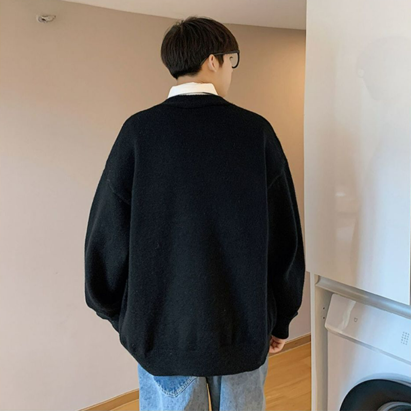 潮流寬鬆毛衣外套素色V領長袖針織開衫