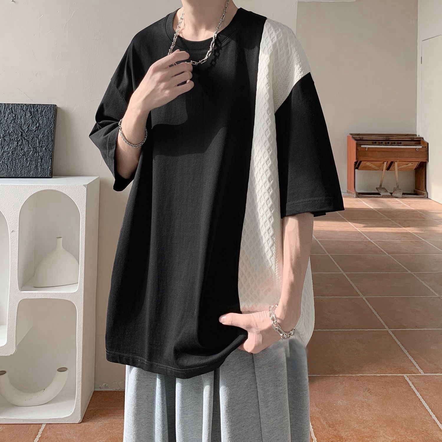 美式復古華夫格設計感拼接撞色短袖t恤