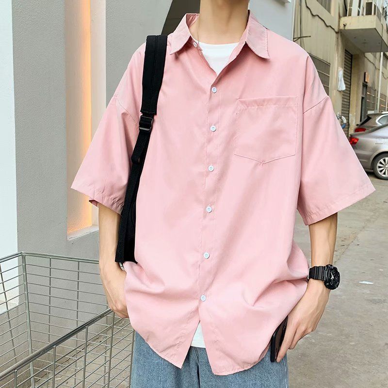 韓版潮流帥氣素色港風痞帥寬鬆情侶短袖襯衫