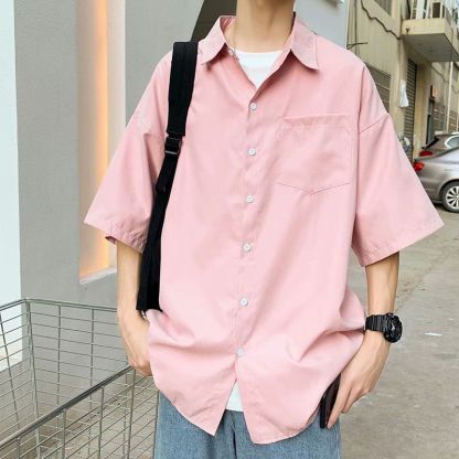 韓版潮流帥氣素色港風痞帥寬鬆情侶短袖襯衫