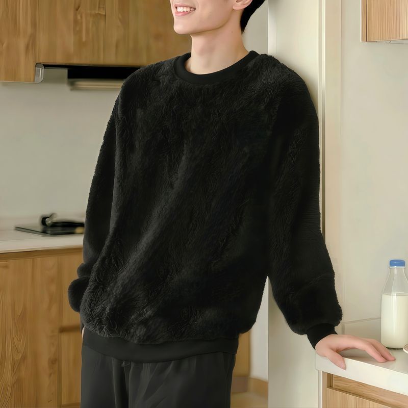刷毛加厚韓版寬鬆大碼保暖圓領毛絨長袖T恤
