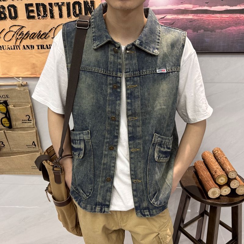 美式復古懷舊寬鬆潮流工裝大口袋牛仔馬甲