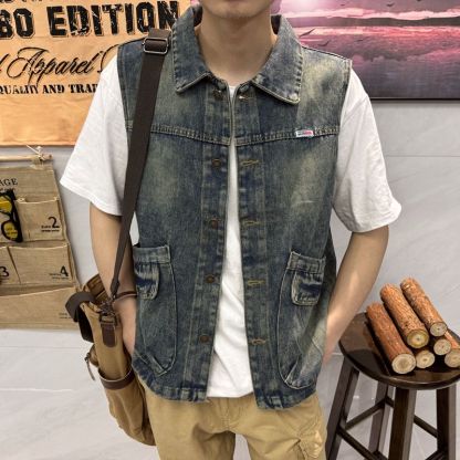 美式復古懷舊寬鬆潮流工裝大口袋牛仔馬甲