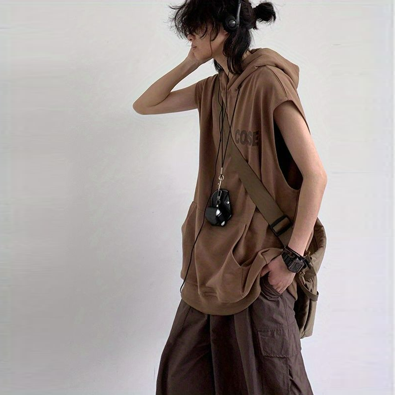 【單件/套裝】日系復古寬松運動連帽背心+咖色工裝褲兩件套