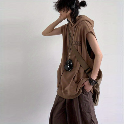 【單件/套裝】日系復古寬松運動連帽背心+咖色工裝褲兩件套