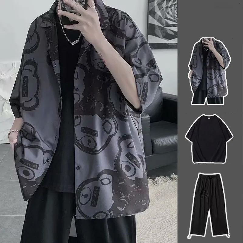 【單件/整賣】韓版短袖港風痞帥寬鬆百搭印花三件套裝-Nuostyle