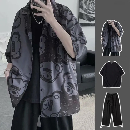 【單件/整賣】韓版短袖港風痞帥寬鬆百搭印花三件套裝