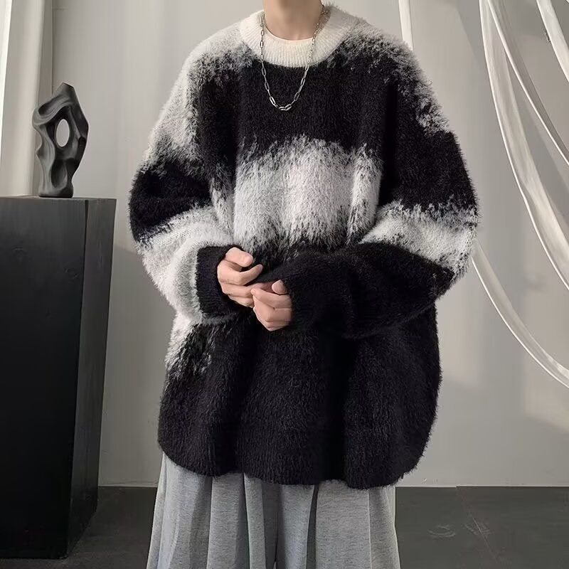 【單件/套裝】Oversize美式復古加厚撞色慵懶風針織毛衣+休閑牛仔褲兩件套