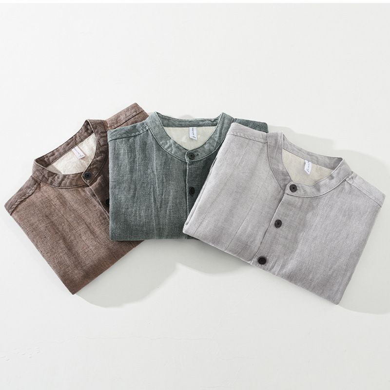 日系復古休閒寬鬆立領時尚漸變色苧麻外套