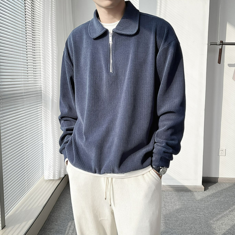 痞帥炸街輕熟風翻領條紋薄半拉鍊長袖polo衫