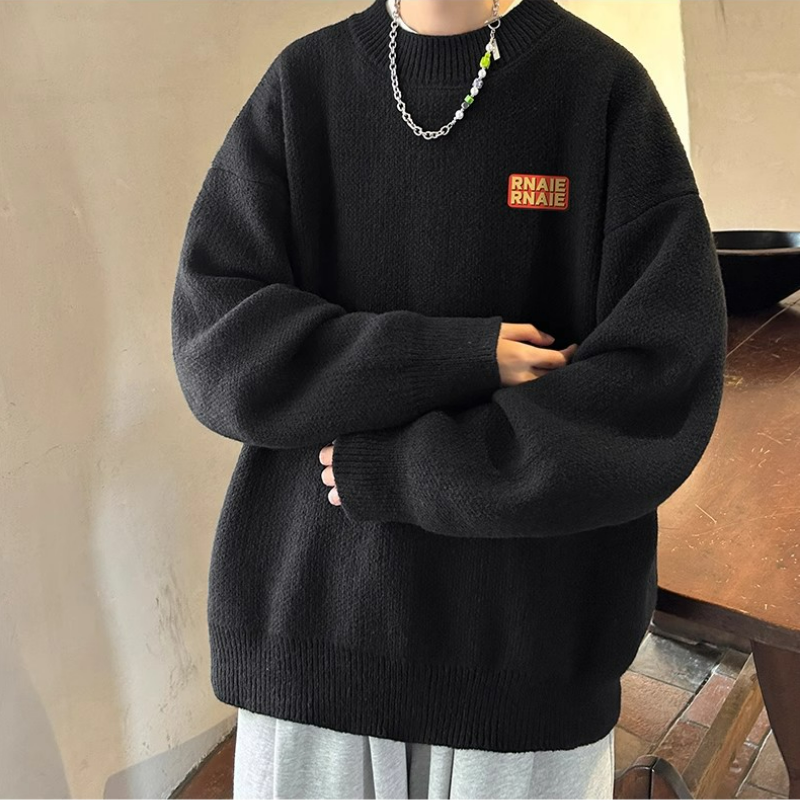 加厚慵懶風休閒寬鬆型素色長袖圓領針織毛衣