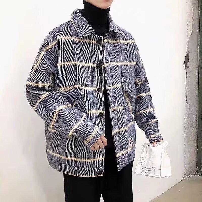 寬鬆時尚格子拼色毛呢大衣短款潮流帥氣外套