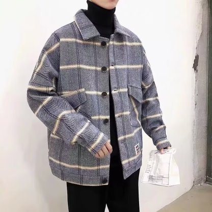 寬鬆時尚格子拼色毛呢大衣短款潮流帥氣外套