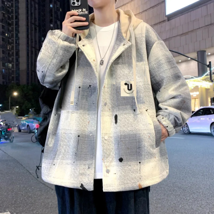 格子連帽潮流帥氣棒球服長袖夾克