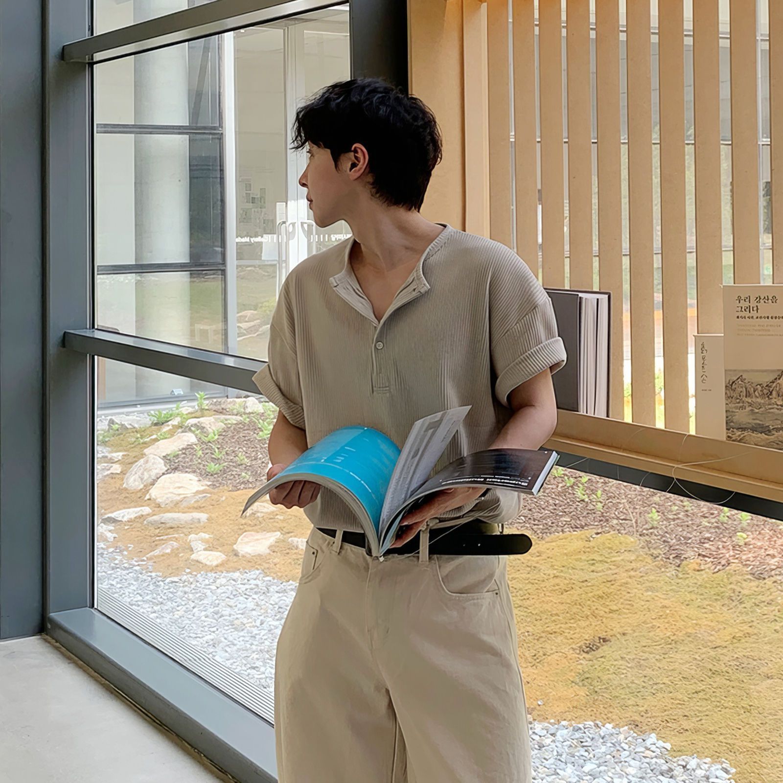 亨利領螺紋華夫格韓版透氣休閒百搭時尚短袖t恤