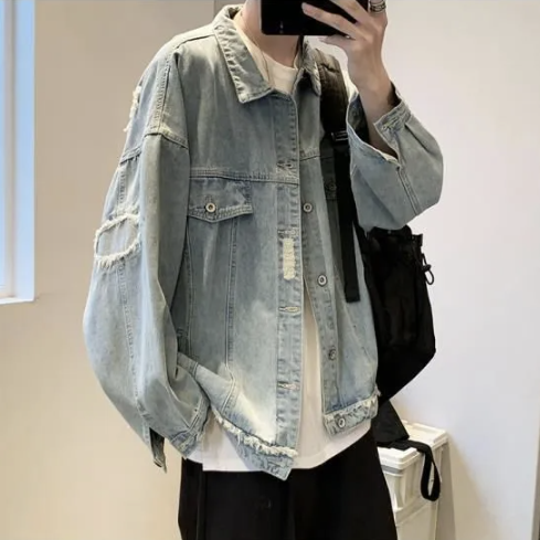 破洞炸街痞帥潮流工裝牛仔夾克