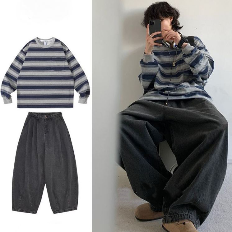 【單件/套裝】日系圓領條紋T恤+休閒褲兩件套裝