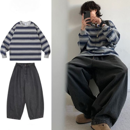 【單件/套裝】日系圓領條紋T恤+休閒褲兩件套裝