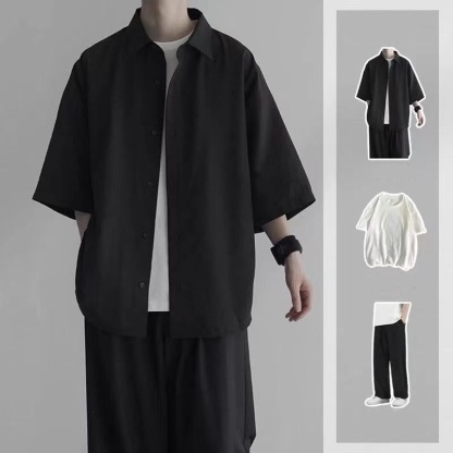 【單件/套裝】韓版寬鬆五分短袖冰絲九分褲三件套裝