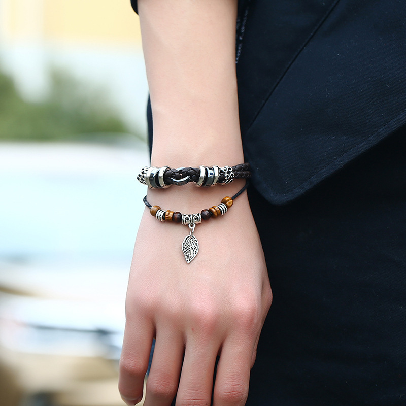 韓版時尚個性創意多層編織樹葉吊墜皮革手鍊
