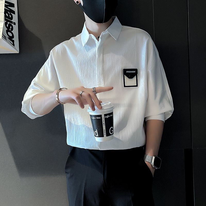 潮流時尚休閒寬鬆痞帥冰絲五分短袖襯衫