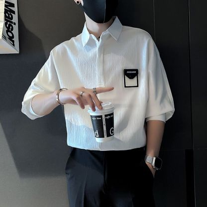 潮流時尚休閒寬鬆痞帥冰絲五分短袖襯衫
