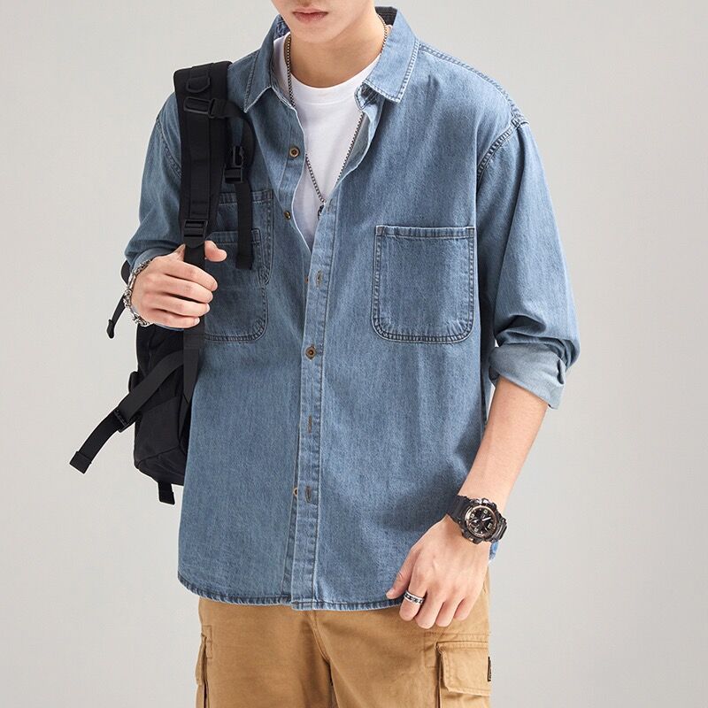 素色寬鬆休閒工裝潮牌痞帥襯衫牛仔外套