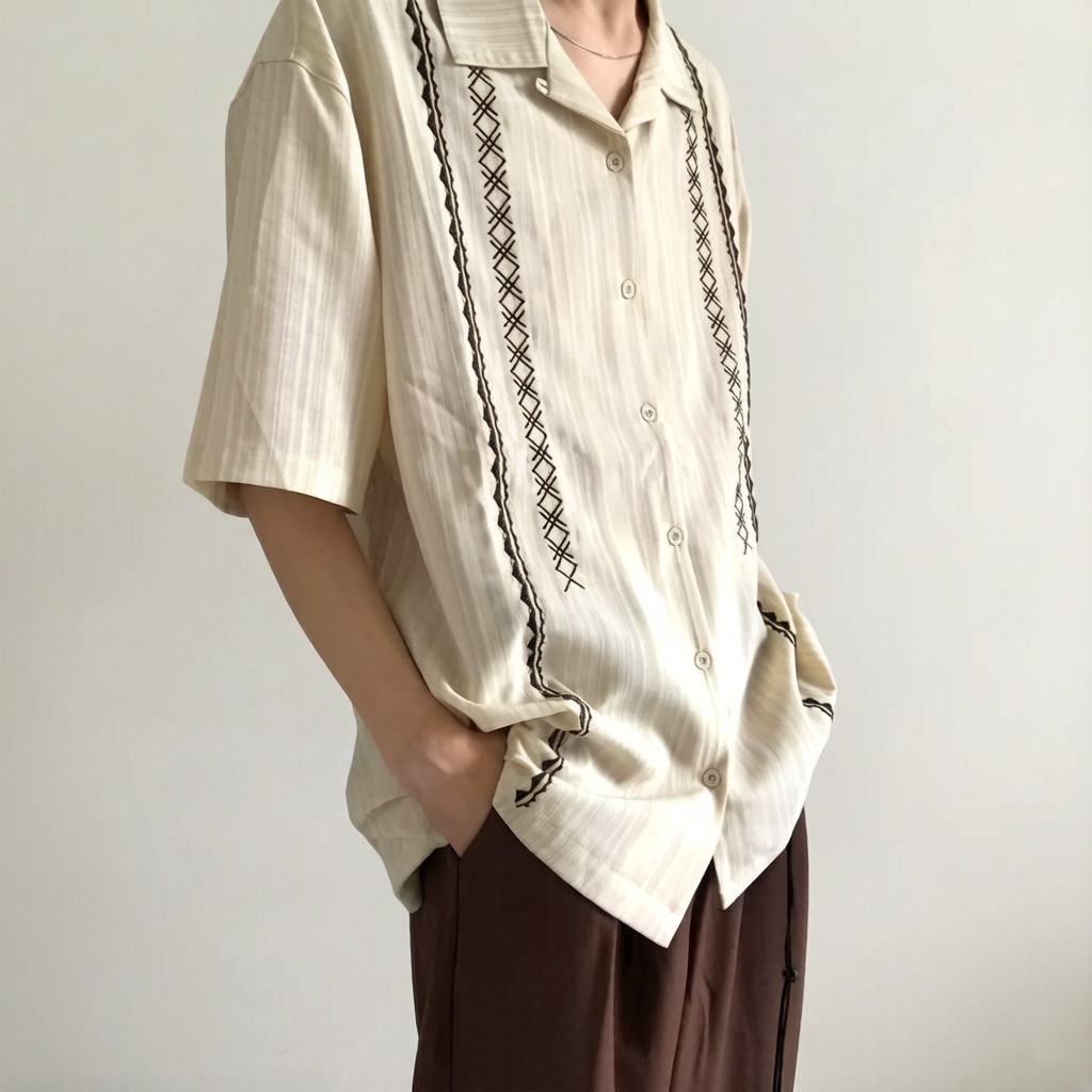 原創設計感小眾古巴領印花拼接襯衫短袖