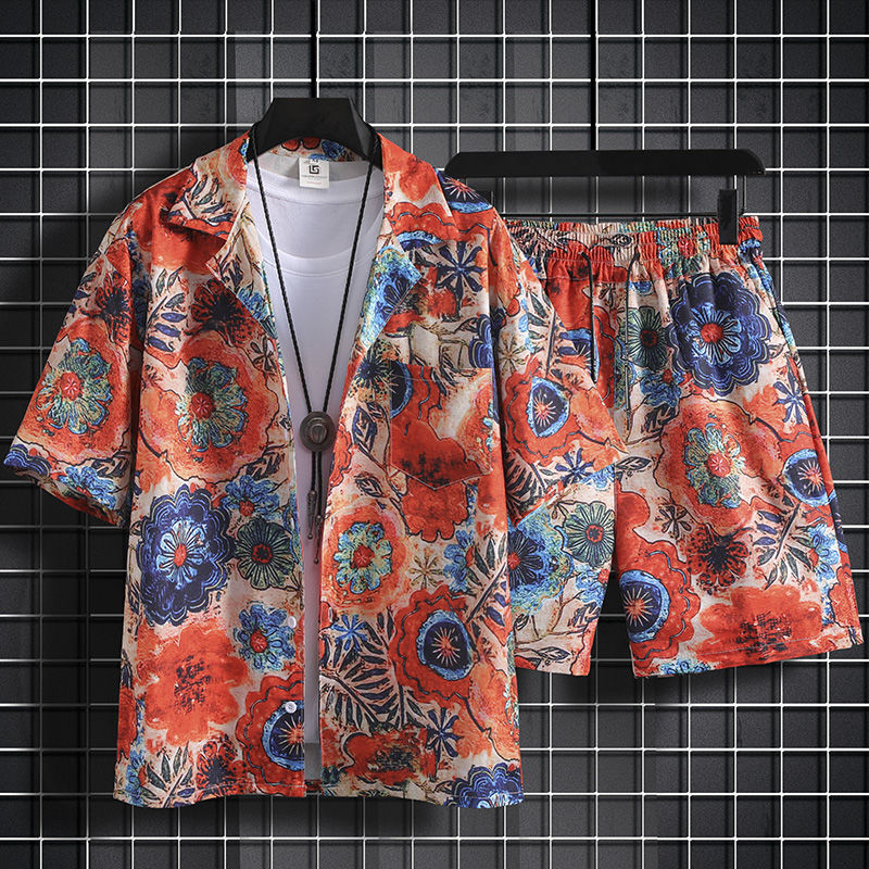 冰絲短褲一整套男夏季薄款寬鬆短袖碎花襯衫夏威夷情侶沙灘服套裝